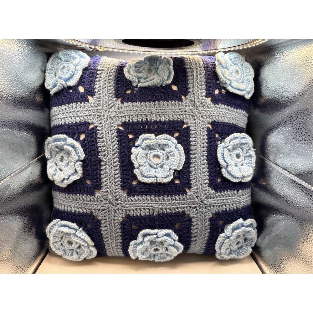 Vintage Handmade Crochet Throw Pillow Accent 3D Floral Granny Square 16x16 Boho